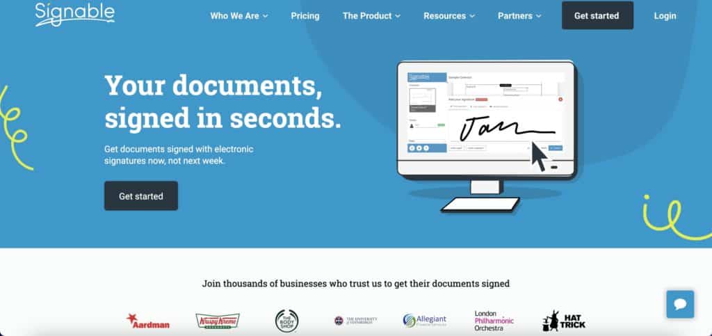 Screenshot of the Signable homepage