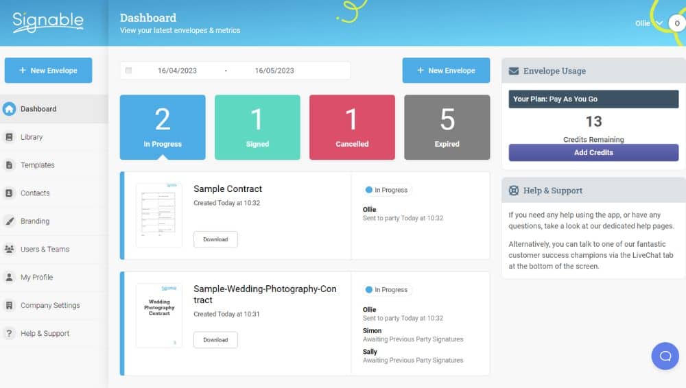A screenshot of Signable's user dashboard. Automation software
