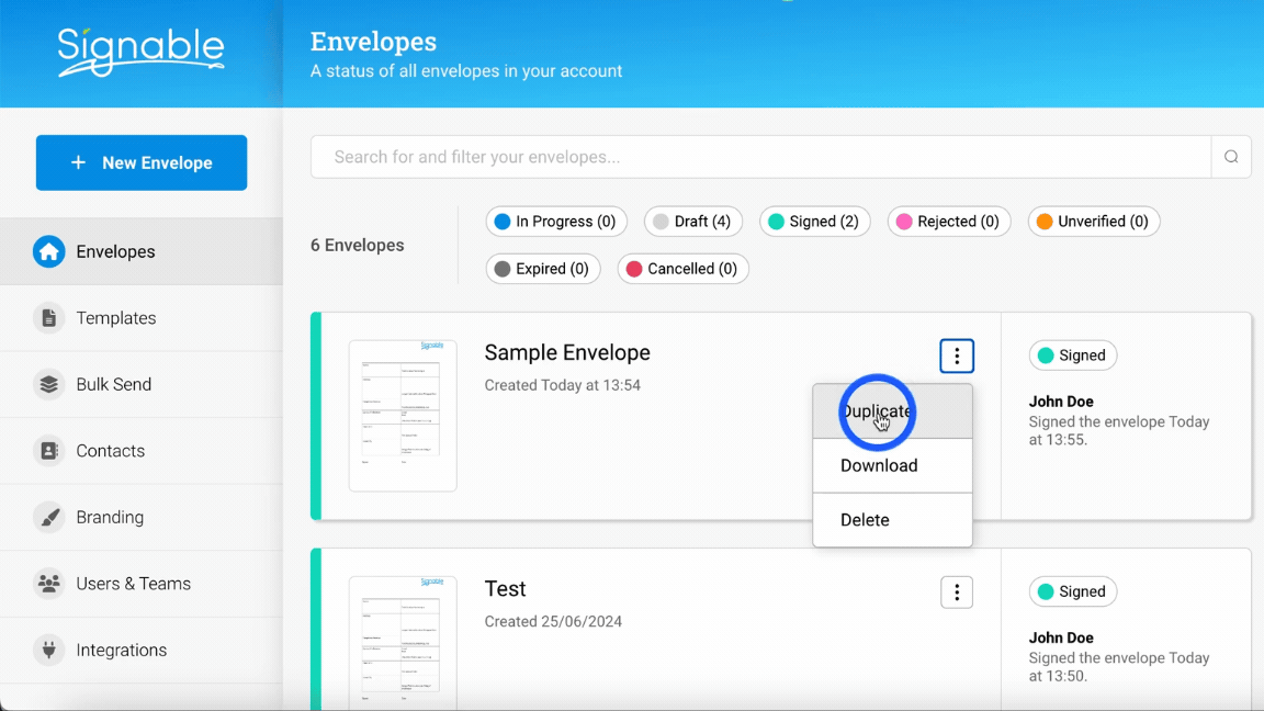 screen video of where to find the Duplicate Envelope feature