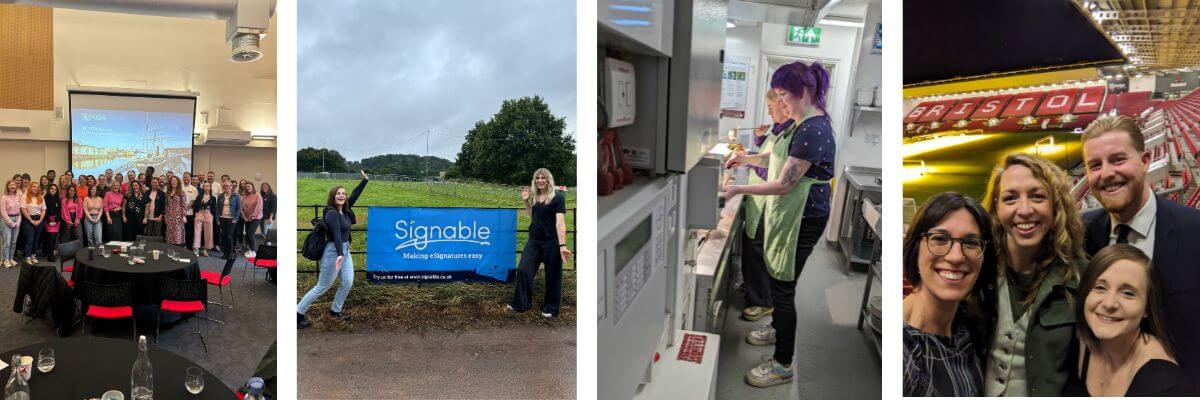 4 images: The whole team smiling, two women holding a Signable banner, two women volunteering at a kitchen, and a man and three women smiling.