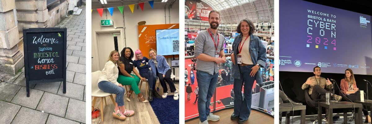 4 images: A chalkboard, 4 women smiling, a man and woman at a data conference, and our MD mid conversation at a panel.