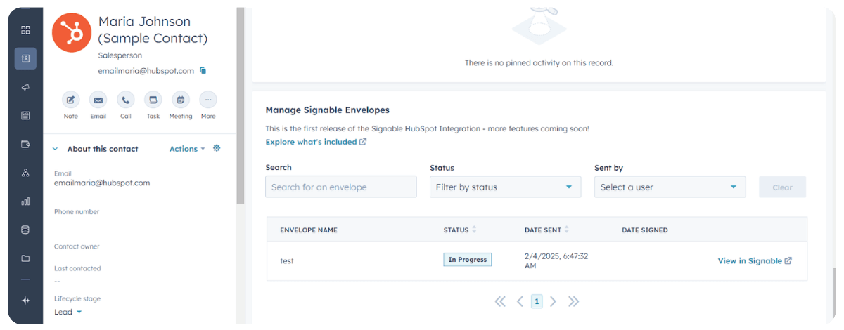 Screenshot of the HubSpot interface showing Signable envelope details