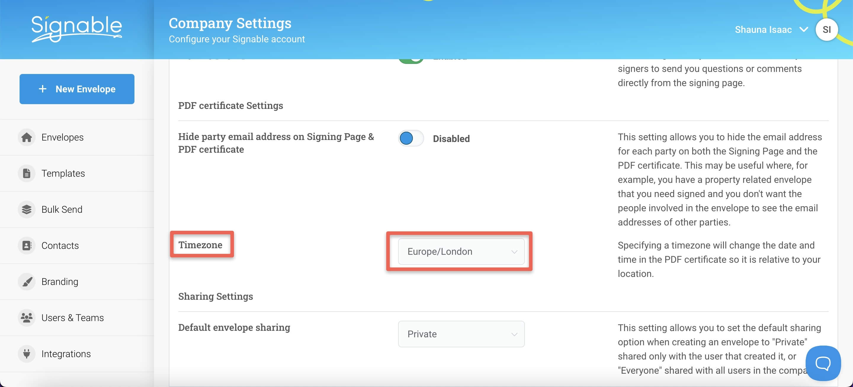 screenshot of timezone settings in Signable account